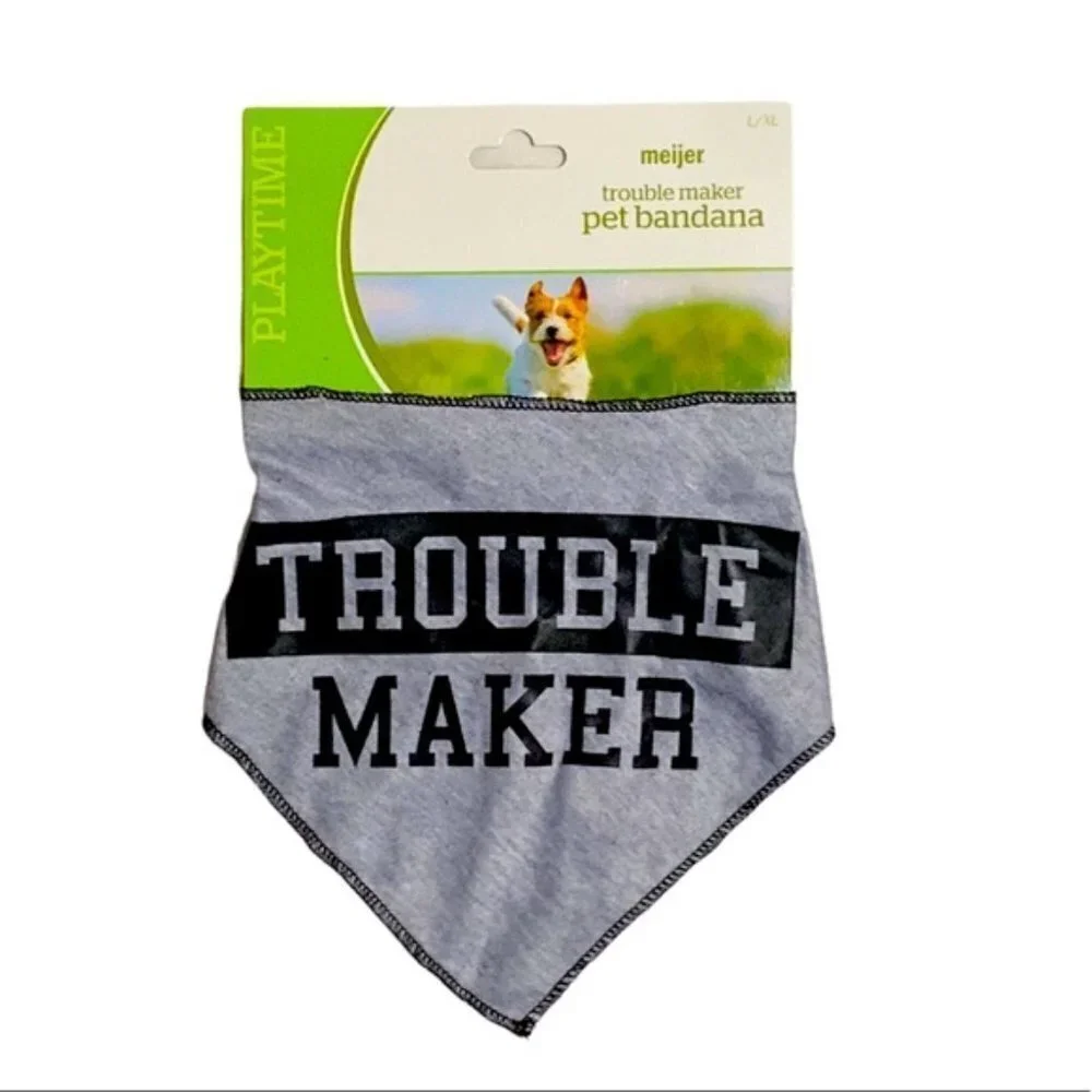 Dog Bandanna Trouble Maker Adjustable Tie On Gray Black Graphic Large X Large
